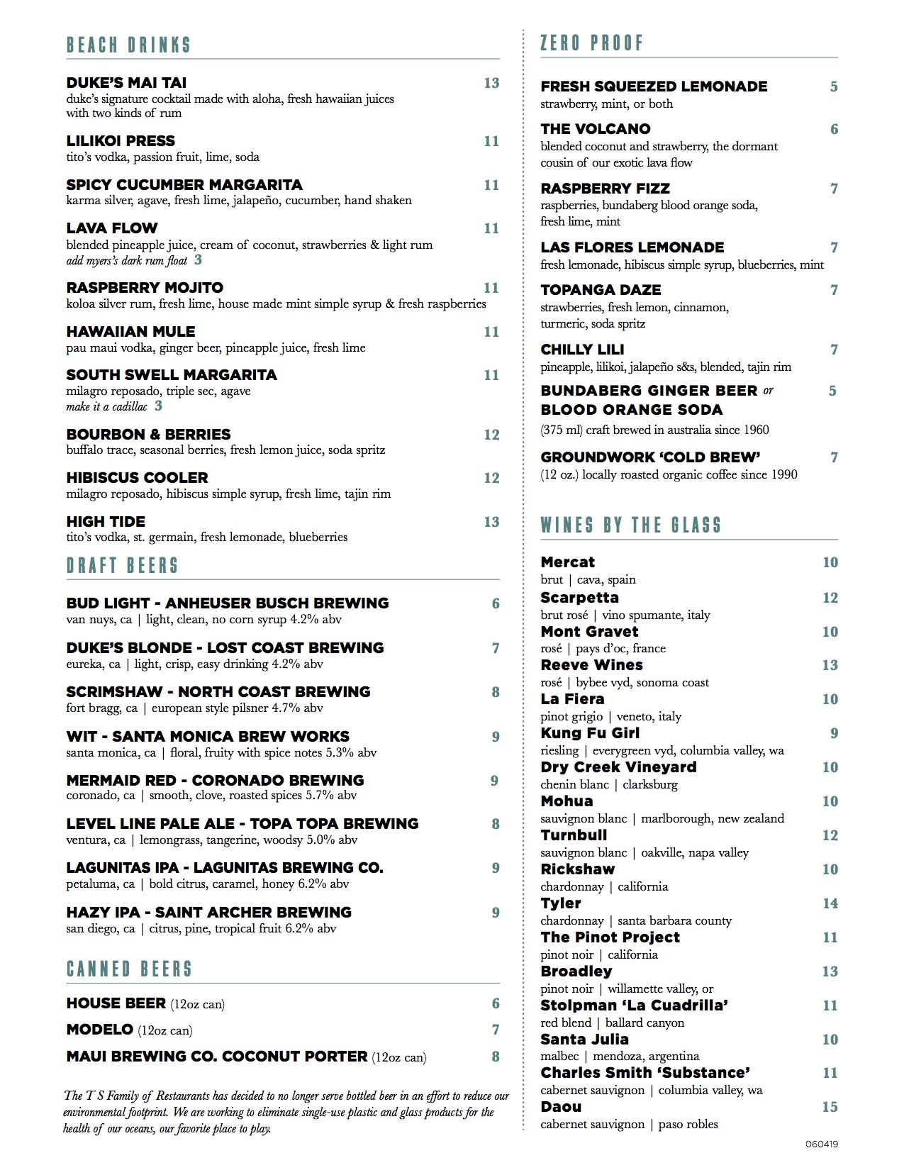 Barefoot Bar Menu